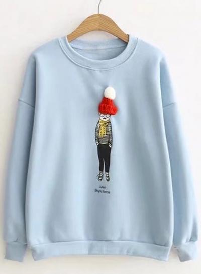 Oasap Round Neck Long Sleeve Patterned Fleece Sweatshirt