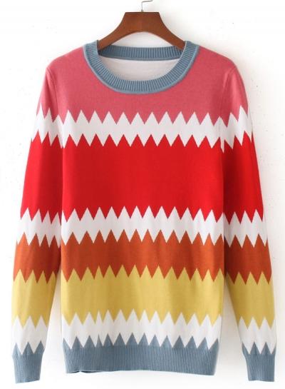 Oasap Round Neck Long Sleeve Color Splicing Sweaters