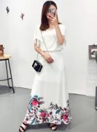 Oasap Elegant Short Sleeve Elastic Waist Floral Printed Maxi Dress