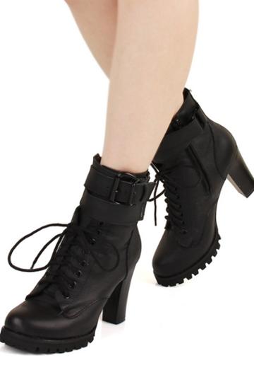 Oasap Pin Buckle Strap Embellished Lace-up Ankle Boots