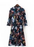 Oasap Floral Print 3/4 Sleeve Button Down Slit Dress