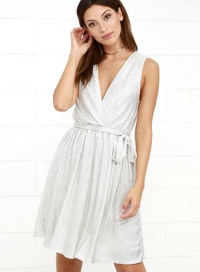 Oasap V Neck Sleeveless Tie Waist Party Dress