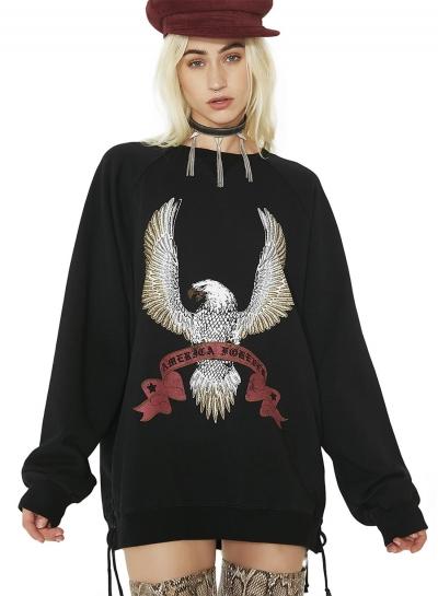 Oasap Round Neck Long Sleeve Eagle Printed Lace-up Sweatshirt