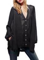 Oasap Women Casual Solid V Neck Button Down High Low Shirt
