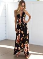 Oasap Deep V Neck Floral Print Maxi Dress