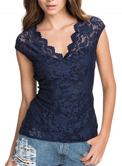 Oasap Women's Scalloped Floral Lace Trim Slim Fit Top