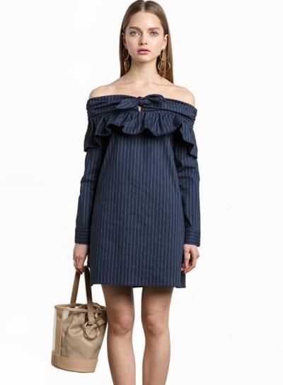 Oasap Striped Off Shoulder Long Sleeve Ruffle Mini Dress
