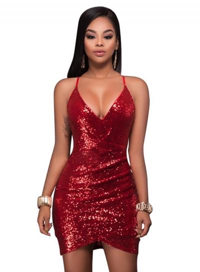 Oasap Spaghetti Strap V Neck Sequin Bodycon Dress