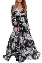 Oasap Women's Fashion Deep V-neck Floral Print Chiffon Maxi Dress