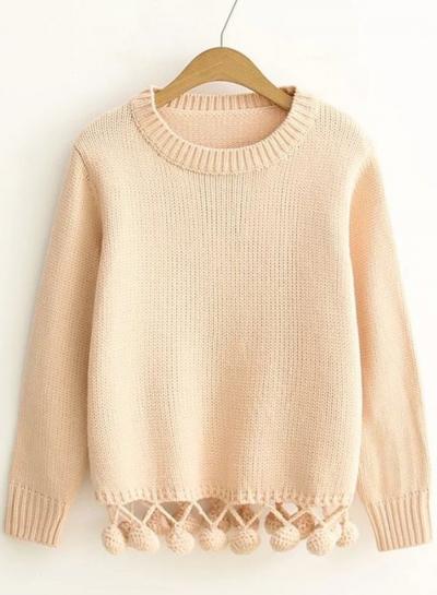 Oasap Fashion Long Sleeve Pom Pom Hem Sweater