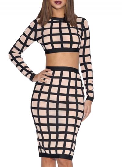 Oasap Women's Two Piece Long Sleeve Crop Top Bodycon Skirt Set