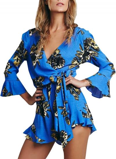 Oasap Women's V Neck Tie-waist Floral Print 3/4 Sleeve Romper