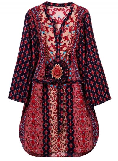 Oasap Women National Wind Print V Neck Asymmetric Tie Waist Dress