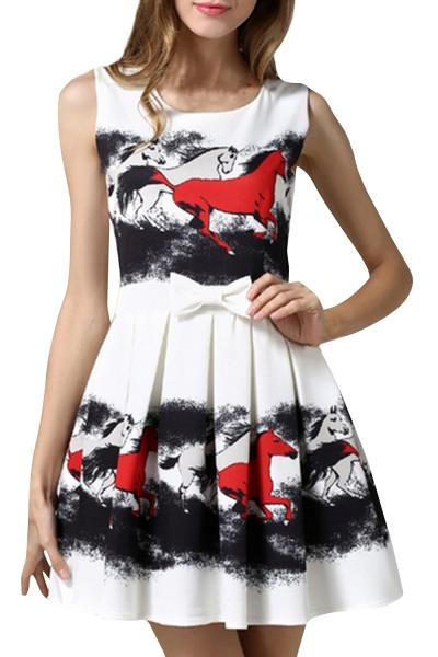 Oasap Women Vintage Animal Print Sleeveless Pleated A-line Dress