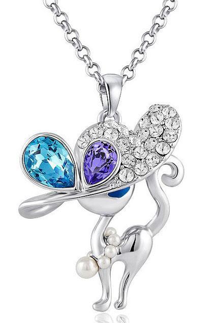 Oasap Elegant Cat Shaped Swarovski Crystal And Pearl Embellished Necklace