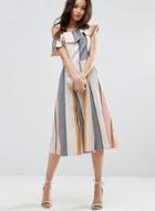 Oasap Striped One Shoulder Ruffle Midi Dress