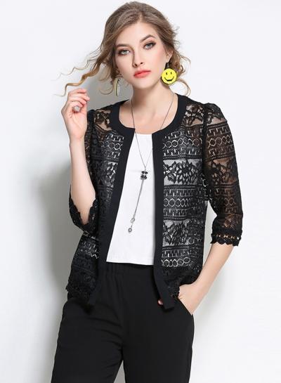 Oasap Round Neck 3/4 Sleeve Hollow Out Lace Cardigan Coat