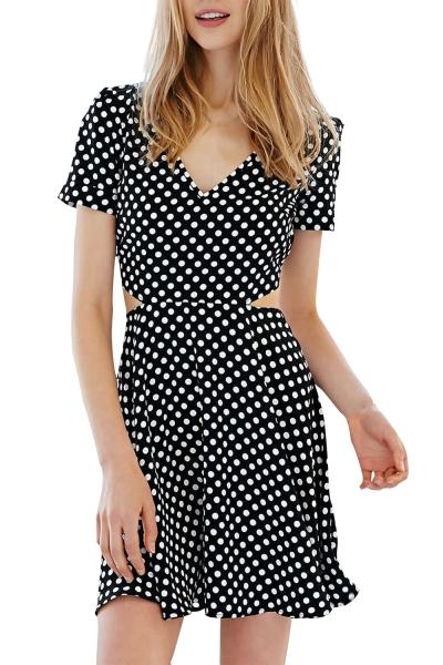 Oasap Fashion Women Polka Dot Print Side Cut-out A-line Dress