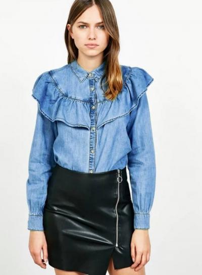 Oasap Turn Down Collar Flounce Hem Denim Shirt