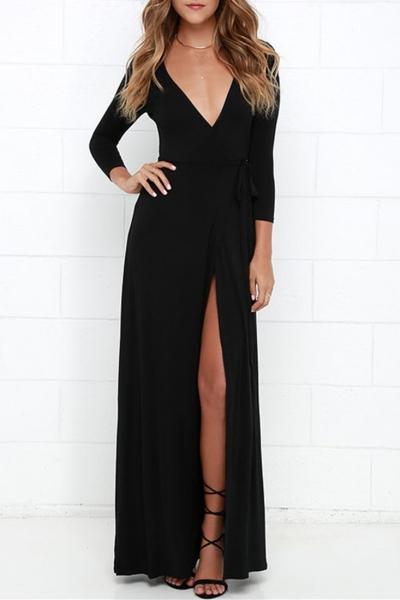 Oasap Modern Black High Slit Belted Wrap Dress
