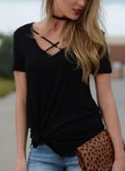 Oasap Summer Casual Loose Solid Short Sleeve Criss Cross Neck Tee Shirt