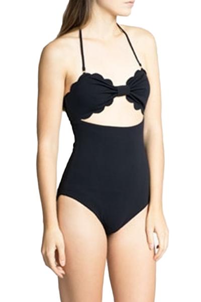Oasap Women Black Scalloped Trim Bow Bandeau One Piece Swimsuit