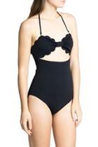 Oasap Women Black Scalloped Trim Bow Bandeau One Piece Swimsuit
