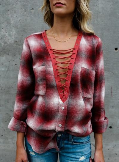 Oasap V Neck Long Sleeve Lace Up Plaid Blouse