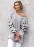 Oasap Round Neck Flounce Sleeve Solid Color Pullover Sweater