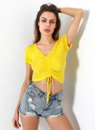 Oasap V Neck Short Sleeve Drawstring Crop Top
