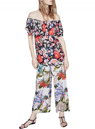 Oasap Women's Off Shoulder Short Sleeve Floral Print Blouse