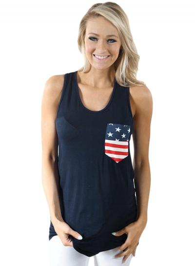 Oasap Summer Navy Stars And Stripes Pocket Women Tank Top