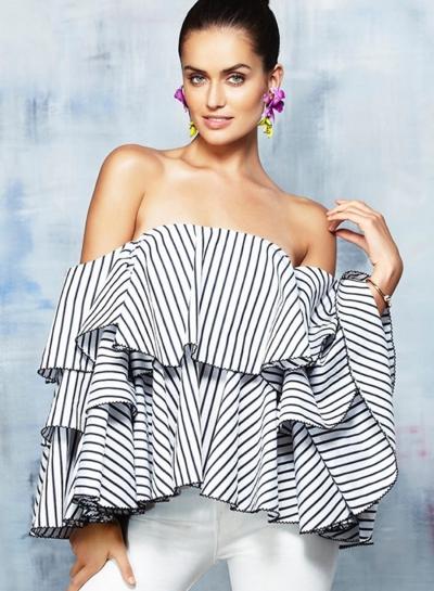 Oasap Striped Off The Shoulder Ruffled Blouse