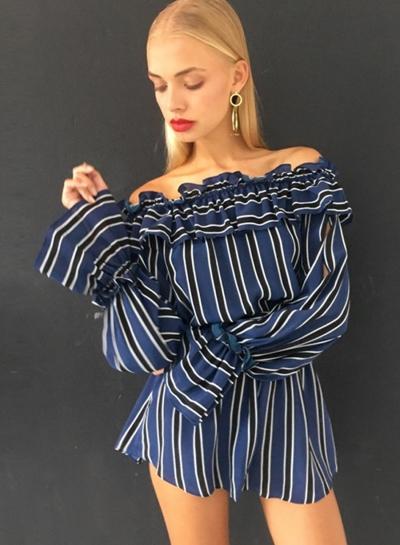 Oasap Slash Neck Agaric Laces Striped Romper