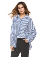 Oasap Turn Down Collar Long Sleeve Striped Lace Up Shirts