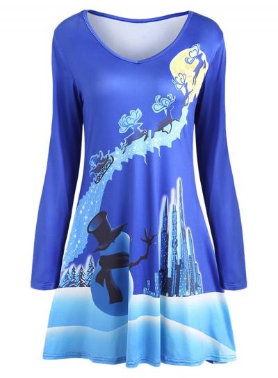 Oasap V Neck Long Sleeve Christmas Cartoon Printed Dress