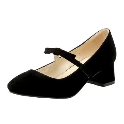 Oasap Square Toe Suede Block Heels Bow Strap Shoes