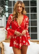 Oasap V Neck Flare Sleeve Printed Jumpsuit