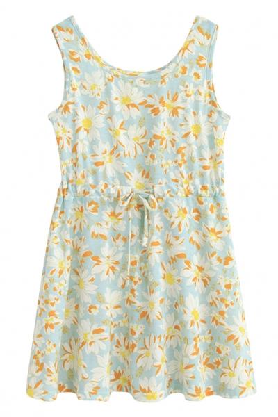 Oasap Fancy Floral Print Sleeveless Drawstring Mini Dress