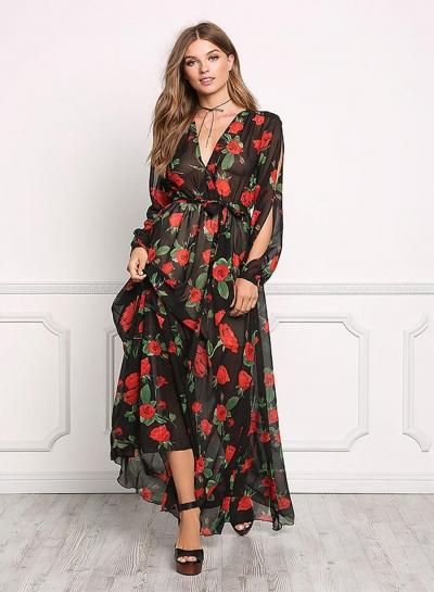 Oasap V Neck Rose Print Maxi Dress