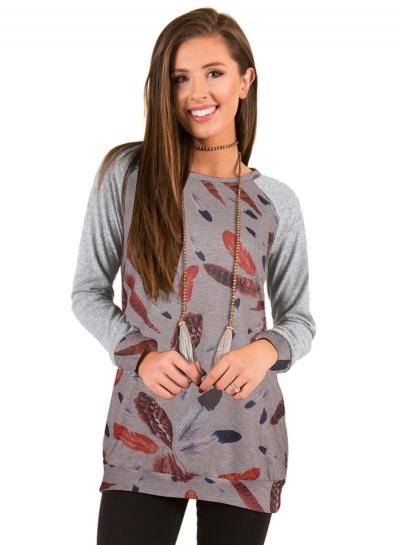 Oasap Round Neck Feather Printed Knit Tee