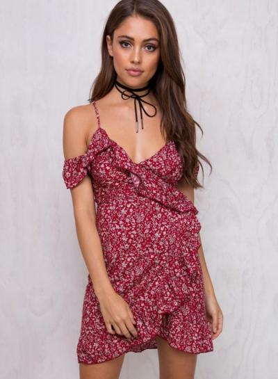 Oasap Spaghetti Strap Off Shoulder Floral Print Mini Dress