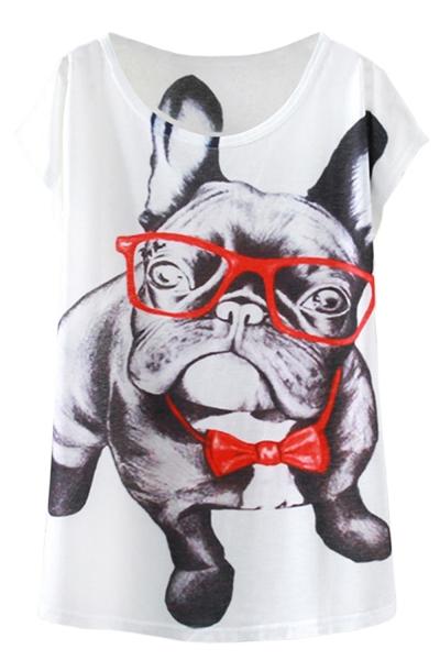 Oasap Adorable Dog Print Round Neck Cap Sleeve Tee