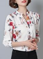 Oasap Stand Collar Long Sleeve Floral Printed Shirts