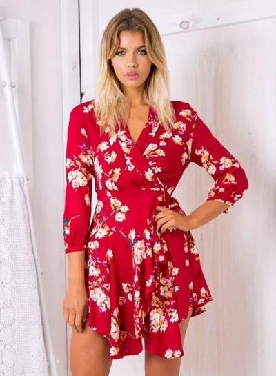 Oasap V Neck 3/4 Sleeve Floral Irrregular Mini Dress
