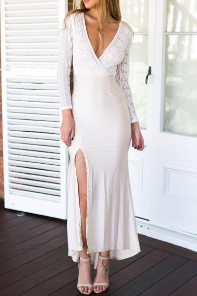 Oasap Deep V Crochet Hollowed Out Split Dress