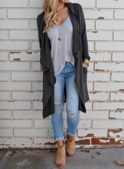 Oasap Long Sleeve Solid Color Asymmetric Design Open Front Coat