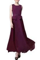 Oasap Women Color Block Flounce Paneled Sleeveless Belted Party Chiffon Dress