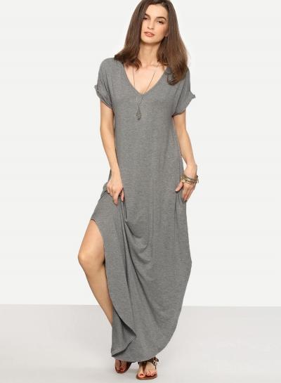 Oasap V Neck Short Sleeve Side Slit Loose Maxi Dress