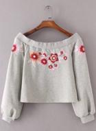 Oasap Slash Neck Floral Embroidery Crop Top Sweatshirts
